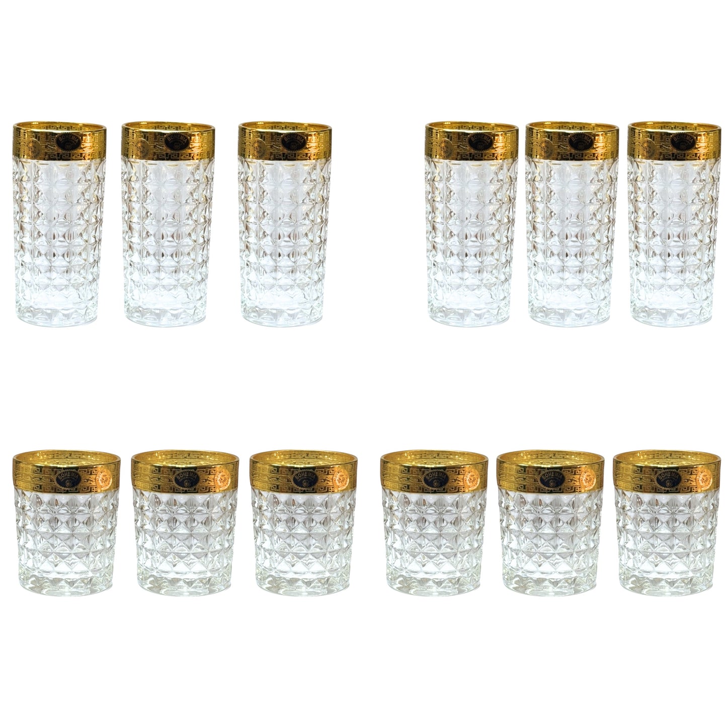 Bohemia Crystal - Diamond Glass Set 12 Pieces - Gold