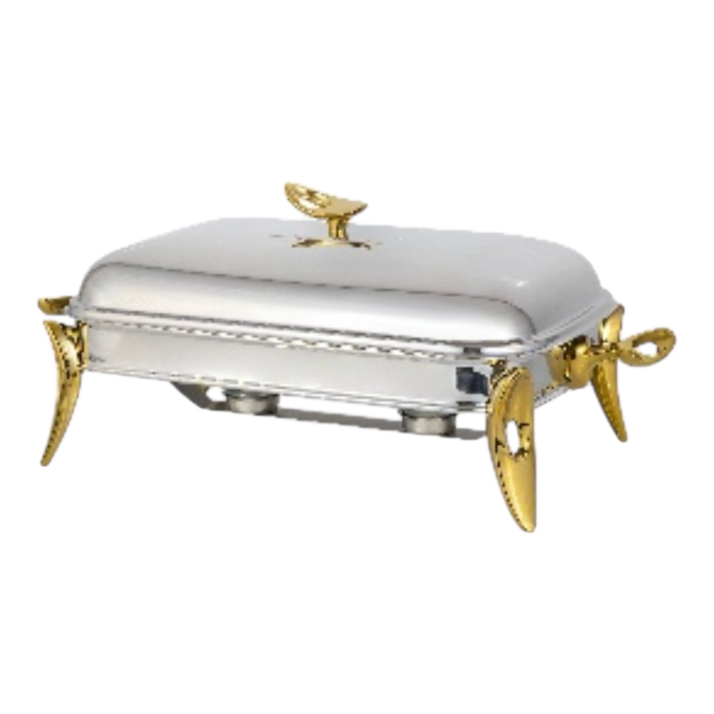 Large Rectangular Food Warmer With Cover & 2 Candle - Gold