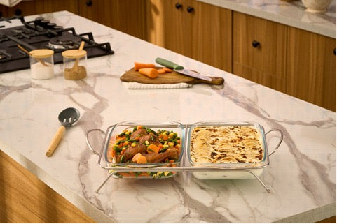 Large Borcam 2 Rectangular Oven Dish With Silver Stand - 32x50cm